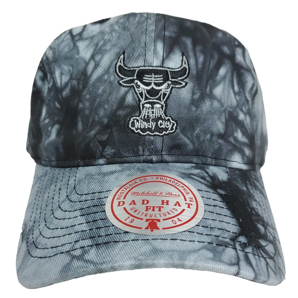 Chicago Bulls Mitchell & Ness NBA Dad Hat‎ Cap Black Gray Tie Dye Scrunch NWT